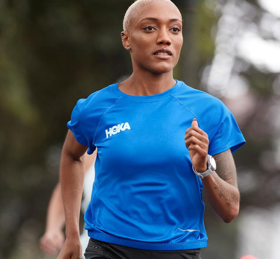 Hoka One One Womens Tops - Performance Utility SS - Blue - JCVH10489